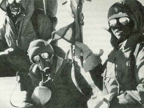 
Chewang, Irene Beardsley Miller, and Minga on Annapurna summit October 15 1978. Vera Komarkova is reflected in Mingma's sunglasses - Annapurna: A Woman's Place book

